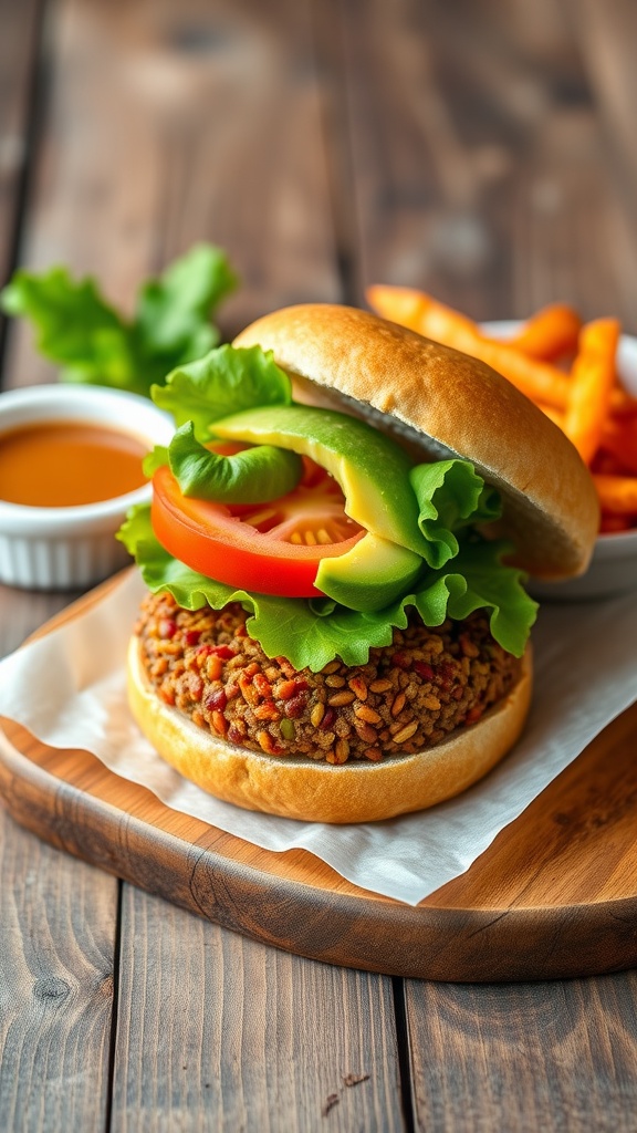 Lentil burger with lettuce, tomato, and avocado on a whole grain bun, alongside sweet potato fries.